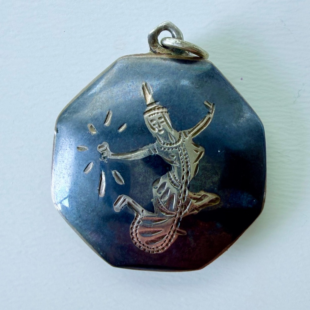 Vintage Double-Sided Siam Sterling Silver Niello Pendant-Thai Dancer Mekkala